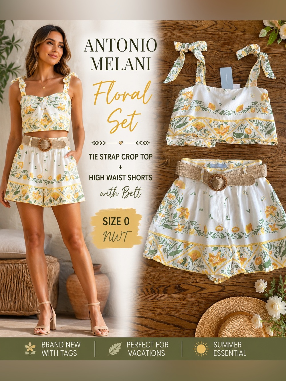 NWT Antonio Melani Floral Tie Strap Crop Top & Shorts Set Size 0